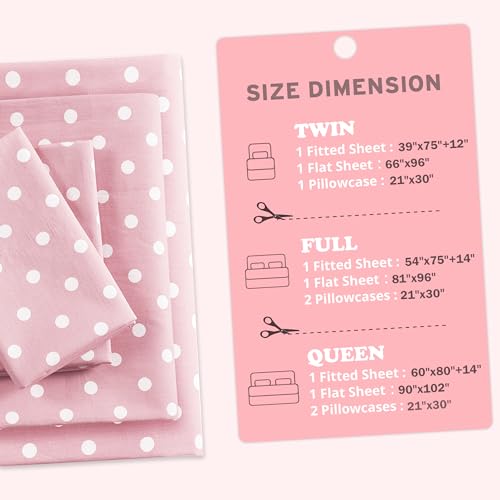 Intelligent Design Pink Queen Size Sheet Sets Kids Polka Dot Sheets for Girls 100% Cotton Percale Soft Flat and Fitted Sheet, Pillowcase, Breathable All Season Bed Set, Fits up to 14" Mattress Intelligent Design