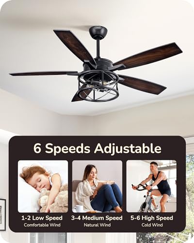 EDISHINE 52 Inch Farmhouse Ceiling Fans With Lights, Rustic Ceiling Fan With Light and Remote, 5 Wood Blades Ceiling Fan with Timer, 6 Speeds Reversible DC Motor for Bedroom, Patio, Porch EDISHINE