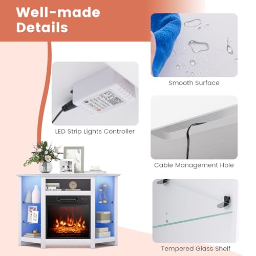 RELAX4LIFE Corner Fireplace TV Stand - Electric Fireplace Entertainment Center w/Heater Insert, LED Lights, APP Control & Adjustable Shelves, Media Console Cabinet for TVs up to 50’’ (White) RELAX4LIFE