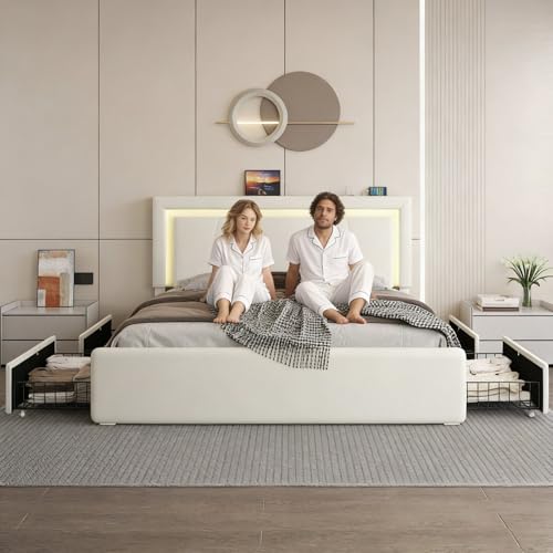 Full Size Bed Frame with 4 Storage Drawers and LED Lights, Upholstered Platform Bed with Adjustable Headboard and Charging Station, Metal Slats Support, No Box Spring Needed,Easy Assembly, White E-Motie