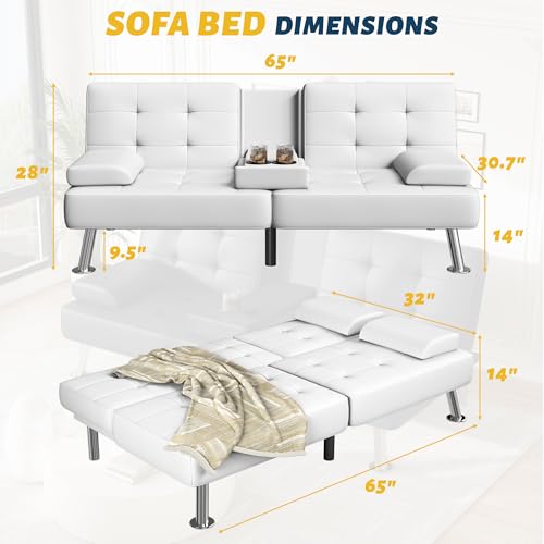 Furmax Futon Sofa Bed Adjustable Futon Couch Sleeper Sofa Bed for Living Room, Business Office, Recliner Sofas with Cup Holders (PU Leather, White) Furmax