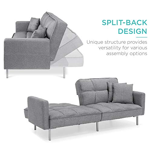 Best Choice Products Convertible Linen Fabric Tufted Split-Back Plush Futon Sofa Furniture for Living Room, Apartment, Bonus Room, Overnight Guests w/ 2 Pillows, Wood Frame, Metal Legs - Dark Gray Best Choice Products