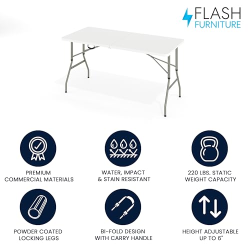 Flash Furniture Kathryn 5' Rectangular Plastic Folding Event Table with Carrying Handle, Bi-Fold Portable Banquet Table for Indoor/Outdoor Events, White Flash Furniture