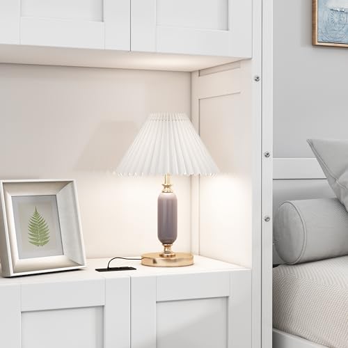 DNYN Queen Size Murphy Bed with Desk & Two Slide Storage Shelf for Small Space,Bedroom,Guest Room,Wooden Wall Bedframe w/Folding into Cabinet Design,Super Save Space & No Box Spring Needed, White DNYN