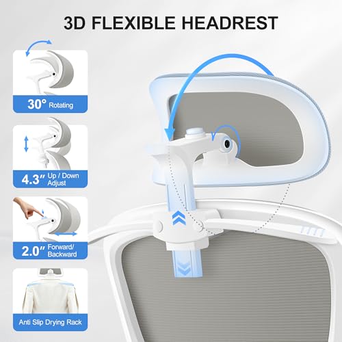 ALLGOD Ergonomic Office Chair, Mesh Desk Chair with Lumbar Support, High Back Home Office Chair with Adjustable Headrest and Flip-Up Arms, Comfortable Computer Chair, Thick Cushion, 300 LBS, LightGray ALLGOD