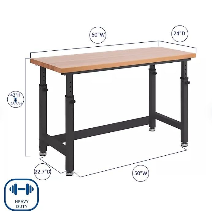 Ultra Heavy Duty Adjustable Workbench Table with Solid Wood Top, 1000-2000 lbs Capacity, (Graphite, 60" W x 24" D x 28.5"-42" H) Generic