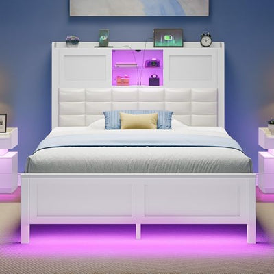 Rolanstar Bed Frame Twin Size with Charging Station, Bookcase Headboard Bed with LED Light and Sliding Doors, Platform Bed with Wooden Slats, No Box Spring Needed, Noise Free, White