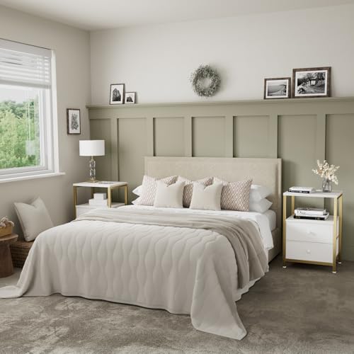 BOLUO Gold Nightstand with Charging Station, LED Night Stand with 2 Fabric Drawers, Bedside Table with USB Ports and Outlets, Nightstand for Bedroom Modern BOLUO