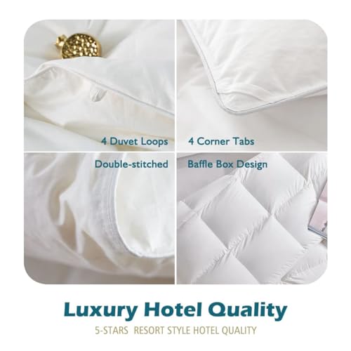 Cobnom® Luxury Organic Down Feather Comforter Oversized King, High Fill-Power Down Feather Fibers Duvet Insert with 100% Cotton Cover, Medium Warm for All-Season, Ivory White, 120x98 Inch Cobnom