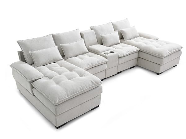 HYJT-H&K 130" U Shaped Comfy Fluffy Cloud Sectional Couches for Living Room, Oversized Modular Sectional Sofa with Chaise Lounge & Tufted Buttons, Modern Linen 6 Seater Sofa Set with Console Beige HYJT-H&K