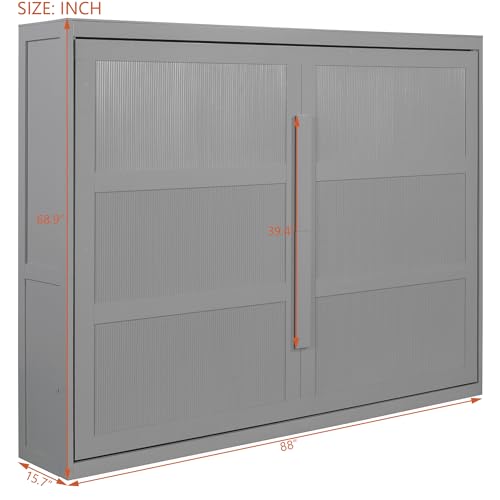 Virubi Queen Horizontal Murphy Bed with LED Lights,Wood Folding Hideaway Fluted Modern Murphy Wall Bed for Adult Guest Room Living Room Bedroom (Grey) Virubi