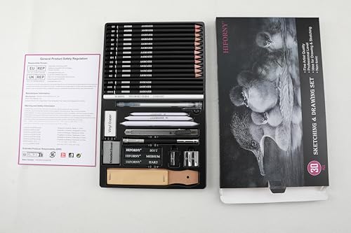 HIFORNY 30 PCS Sketching Drawing Pencil Set,Sketch Pencils Art Supplies with Graphite,Charcoal,Blending Tools,Accessories,Drawing Kit for Adults Artists HIFORNY