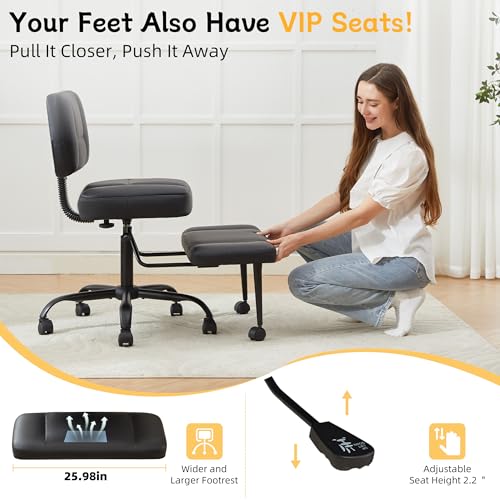 Criss Cross Legged Office Chair with Wheels,Swivel Meditation Chair for ADHD,Ergonomic Cross Legged Desk Chair with Thicken Adjustable Footstool,PU Sitting Fidgeting Kneeling Chair for Home Yoga Black BIGGARSIT