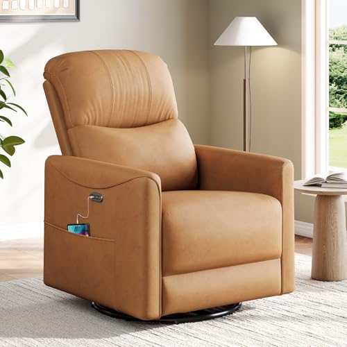 Welzona Power Swivel Rocker Recliner, 360° Swivel Nursery Rocking Chair, PU Leather Glider Rocking Recliner, Infinite Position Electric Chair for Adults with USB Port for Living Room, Brown