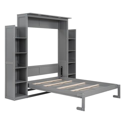 Merax Full Size Murphy Bed with 2 Five-Layer Cabinet, Modern Wall Bed with Shelves and LED Lights, Foldable Wood Platform Bed Folded into Cabinet for Guest Room, Home and Office, Grey Merax