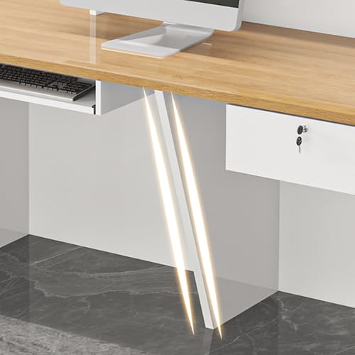 LITFAD L-Shape Computer Front Desk Manufactured Wood Reception Desk with Hutch, Cable Management and Keyboard Tray, Modern Checkout Counter for Office, Beauty Salon, Right Corner - White/Orange LITFAD