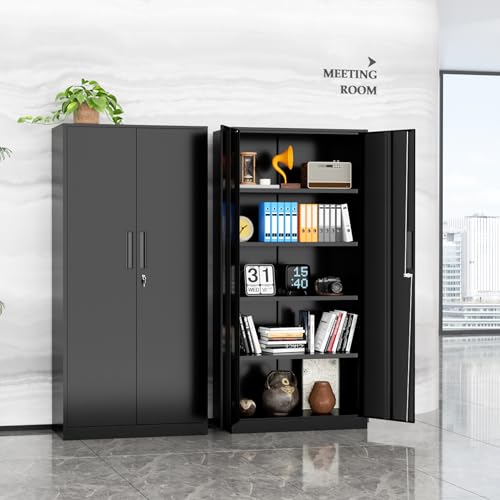 SUNCROWN 72" Metal Storage Cabinet - Heavy-Duty Metal Garage Cabinet with 4 Adjustable Shelves & 2 Doors for Tools, Office, Home, Workshop,Black-Small SUNCROWN
