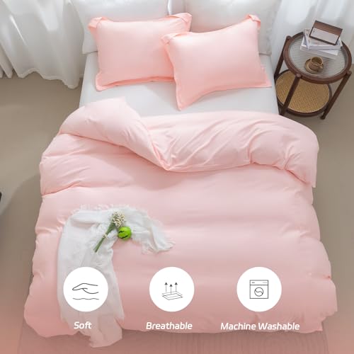 SheRest Pink Duvet Cover Twin Size - Soft Brushed Microfiber, 1 Duvet Cover 68x90 Inches with Zipper Closure 8 Ties & 1 Pillow Sham, Breathable Bedding Set for All Season (No Comforter) SheRest