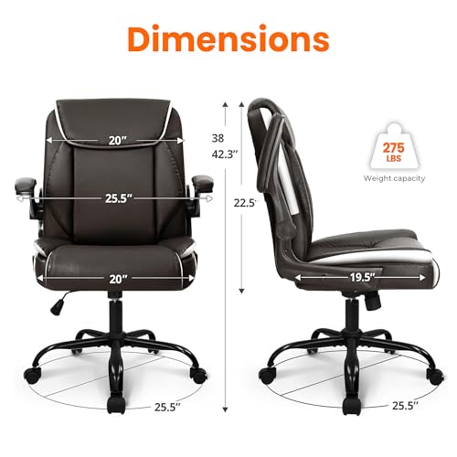 NEO CHAIR Office Desk Computer Chair Ergonomic Executive Mid-Back Leather Gaming Chair with Adjustable Flip-Up Armrests Wheels Swivel for Home Study Task (Brown) NEO CHAIR