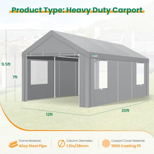 COBIZI Carport Canopy 12x20 Heavy Duty Portable Garage with Removable Sidewalls & Doors, Car Port Canopy Tent with Built-in Sandbags & All-Season Tarp for Car Boat Truck, Gray COBIZI