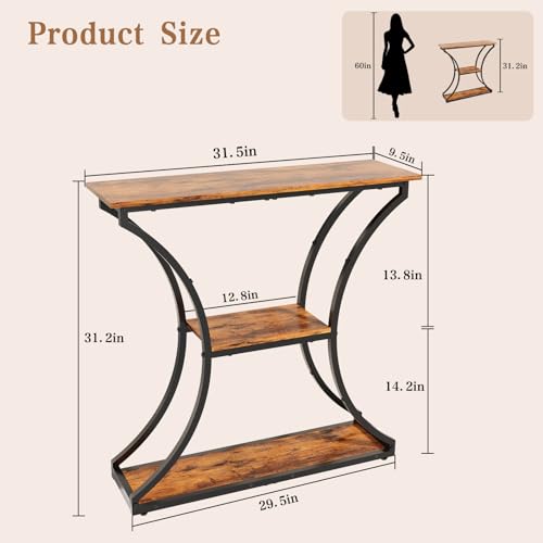 HavenlyYouth Narrow Console Table for Entryway, Industrial 3-Tier Sofa Table Behind Couch, 29.5" Height TV Stand with Storage Shelves for Living Room, Hallway, Entrance, Foyer, Rustic Brown HavenlyYouth