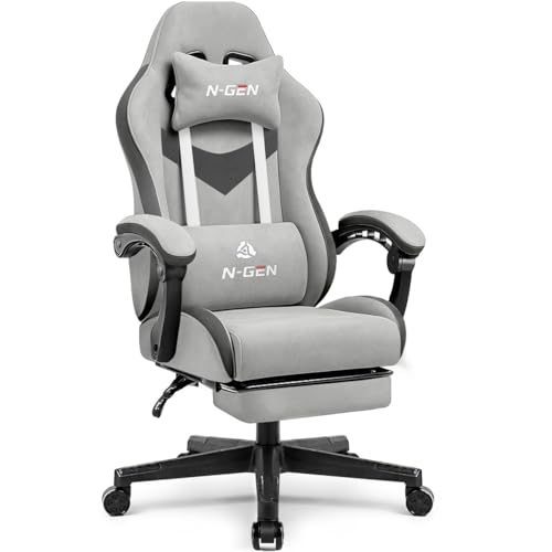 N-GEN GAMING Video Gaming Chair with Footrest Lumbar Support for Home Office High Back Recliner Height Adjustable Ergonomic Comfy Fabric Computer Desk Chair (Grey) N-GEN GAMING