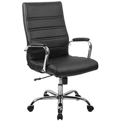 Flash Furniture Whitney High-Back Swivel LeatherSoft Desk Chair with Padded Seat and Armrests, Adjustable Height Padded Office Chair, Black/Chrome Flash Furniture