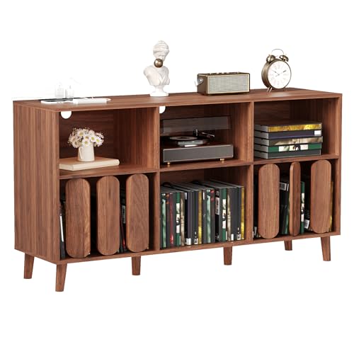 55 in Large Record Player Stand with Charging Station - Vinyl Record Storage Cabinet with 2 USB Ports, Open Shelves & Turntable Holder, Mid-Century Modern Wood TV Media Console for Living Room Garvee
