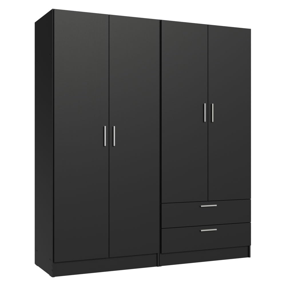 Madesa 4 Doors 2 Drawers Wardrobe Set, Armoire Closet Storage Cabinet, 63" L Wooden Clothing Organizer with Shelves and Hanging Space, Black Madesa