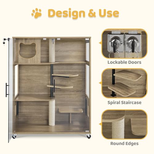 Lovupet Wooden Cat House with Scratching Posts, Luxury Large Cat Condo with Lockable Wheels, Indoor Kitten Cage with Escape Door, GC11 Lovupet