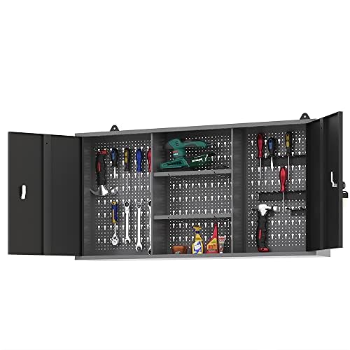 JZD Metal Wall Storage Cabinet with 2 Lockable Doors, for Home Office Garage Basement, Black & Grey, 47.2"x7.9"x23.6 JZD