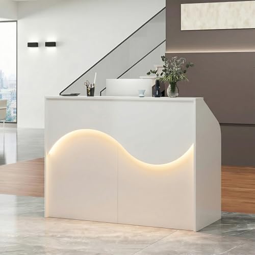 ZIMASYA Modern Reception Desk with Counter,55 Inch Front Desk Reception Counter with LED Lights,Built-in Outlets USB Charging Ports,Lockable Drawers for Office Salon Retail Store White