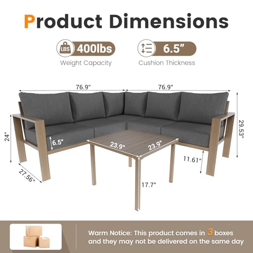 VONZOY 6 Pieces Patio Furniture Set, Wood-Look Metal Outdoor Sectional Furniture Conversation Set, L Shape Patio Couch with Side Table, 6.5" Thick Olefin Cushions for Garden, Backyard, Deck(Dark Grey) VONZOY