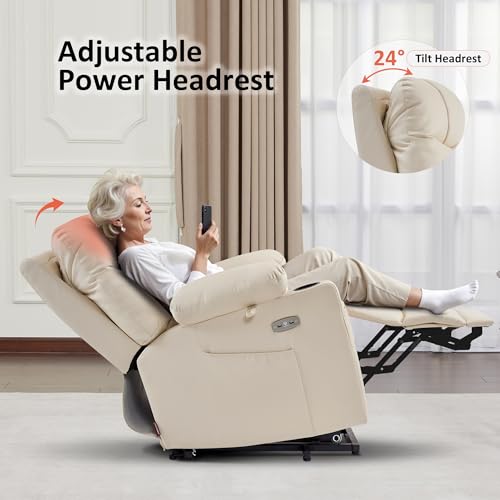 MCombo Small Power Lift Recliner Chair Sofa with Massage and Dual Heating, Adjustable Headrest for Elderly People Petite, USB Ports, Faux Leather 7111 (Cream White)