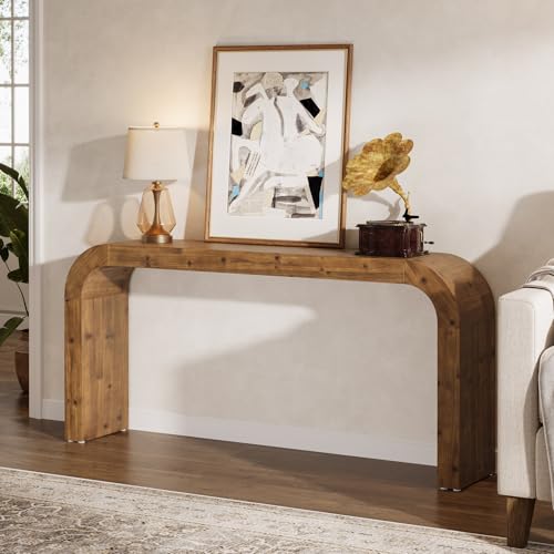 TRIBEWOOD Solid Wood Console Table, 70.87-Inch Farmhouse Sofa Table with Waterfall Curved Corners for Hallway, Living Room, Behind Couch, Entrance (Natural Wood) TRIBEWOOD