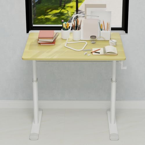 Penau Height Adjustable Standing Desk, Manual Crank Sit Stand Computer Desk, Compact Rectangular Home Office Study Desk, White Frame Natural Wood Top, 32.68 x 23.62 x 35.43 Inchs Penau