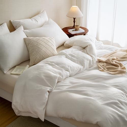 AGSIT Muslin Duvet Cover 100% Washed Cotton, Queen Size Duvet Cover Set Linen Like, Minimalist Soft Comforter Cover 3 Pieces, Lightweight Gauze Duvet Cover with 2 Pillowcases, 90”x90”, Pure White AGSIT