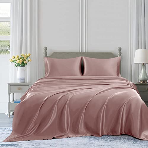 Homiest 4pcs Satin Sheets Set Luxury Silky Satin Bedding Set with Deep Pocket, 1 Fitted Sheet + 1 Flat Sheet + 2 Pillowcases (Queen Size, Rose Gold) Homiest