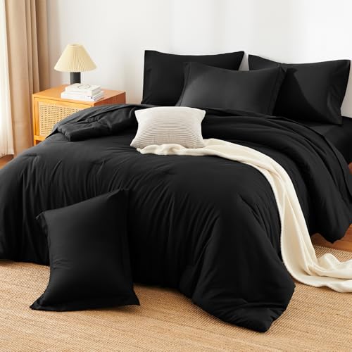 HIMEET Queen Comforter Set - 7 Pieces Bed in a Bag Queen Size, Luxury Comforter Set with Sheets for All Season, Bed Set with Comforter, Flat Sheet, Fitted Sheet, Pillowcases & Shams, Black HIMEET