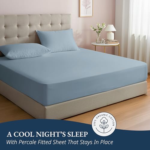 LANE LINEN 100% Organic Cotton Fitted Sheet Queen Size - 3 Pc Set (1 Fitted Sheet, 2 Pillowcases), Percale Weave, Soft, Breathable, Fits Mattress Upto 15" Deep - French Blue (No Flat Sheet) LANE LINEN