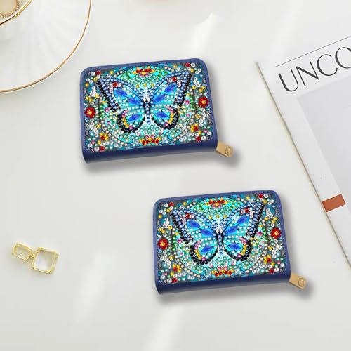 Credit Card Holder, DIY Diamond Art Painting Zipper Credit Cards Wallet for Women Accordion Card Cases Holder KeyChain Wallet-Blue Butterfly WoodArtSupply