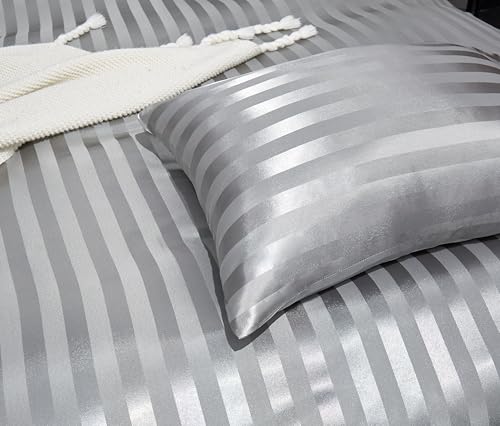 Arianaut Duvet Cover King Size Grey 5 Pieces Satin King Duvet Cover Luxury Coquette Silk Like Striped Grey Bedding Set Comforter Cover with Zipper Closure 1 Duvet Cover 4 Pillow Cases Arianaut