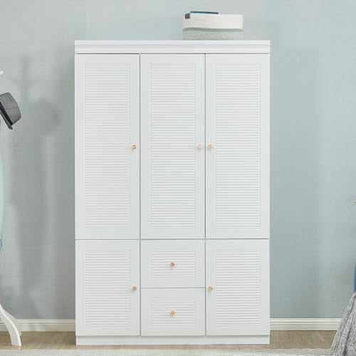 WonderWard 74" H Wardrobe with 3 Doors and 2 Storage Drawers, White Armoire Wardrobe Closet, Bedroom Closet with Hanging Rod, Clothing Wardrobe Closet, Wooden Louvered Wardrobe Closet. WonderWard