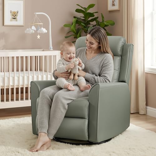 choairy Swivel Rocker Recliner Chair for Adults, Recliner Chairs for Small Spaces, Faux Leather Manual Reclining Sofa Chair, Comfy Soft Nursery Rocking Chair for Living Room, Olive Green