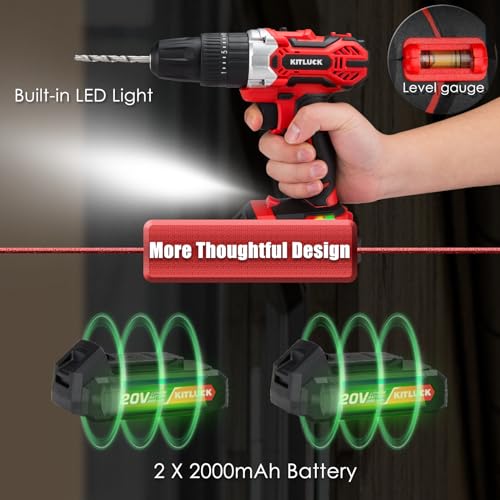 Cordless Drill Set, 20V Power Drill Kit with 2 X 2.0AH Battery, 44pcs Drill/Driver Bits, 1 Box Screws, Bubble Level, 3/8'' Chuck Electric Drill, 32NM, 21+3 Position, 2 Variable Speed KITLUCK