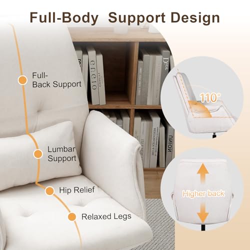 High Back Home Office Chair Without Wheels, Upholstered Fabric Desk Chair with Armrests, Ergonomic Swivel Computer Task Chair (White) Eronfrione
