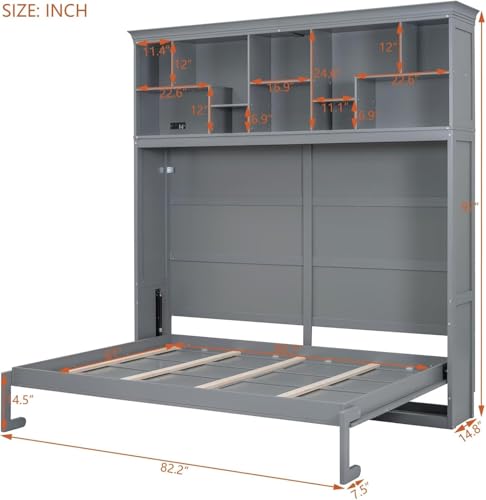 MERITLINE Queen Horizontal Murphy Bed Cabinet with Storage Bookcase Shelves and Charging Station,Wood Folding Grey Murphy Wall Bed for Adult MERITLINE