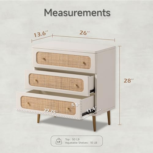 LONYKE Wicker Rattan Chest of Drawers, 3-Drawer Dresser, White Finish Wooden Storage Cabinet, Modern Farmhouse Accent Table, Boho Mid-Century Coastal Sideboard LONYKE