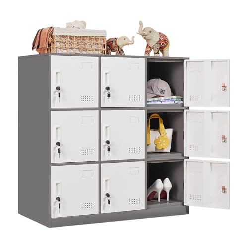 FURSTEL Student Locker Organizer, Multi-Door Steel Locker, Small Locking Cabinet Storage Organizer, Office File Cabinet, Home Locker, Gym Locker, Metal Storage Locker (9 Door, Grey & White) FURSTEL