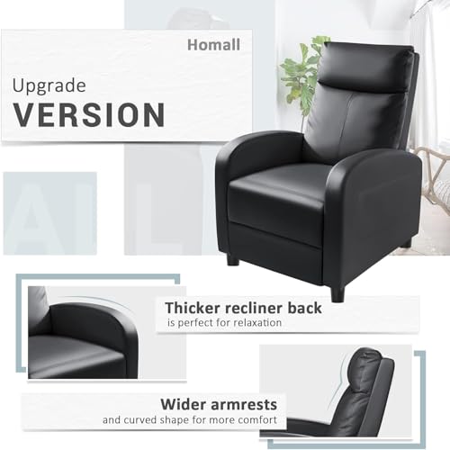 Homall Recliner Chair, Recliner Sofa PU Leather for Adults, Recliners Home Theater Seating with Lumbar Support, Reclining Sofa Chair for Living Room (Black, Leather) Homall